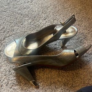 Vintage Louis Vuitton greyish olive green . Gold heel cover .
